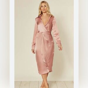 Elegant Pink Satin Wrap Dress shein M